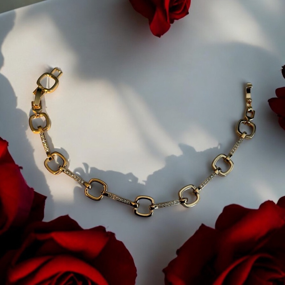 18k Gold Electroplated Geometric Square Link with Small Cz Stones Bracelet